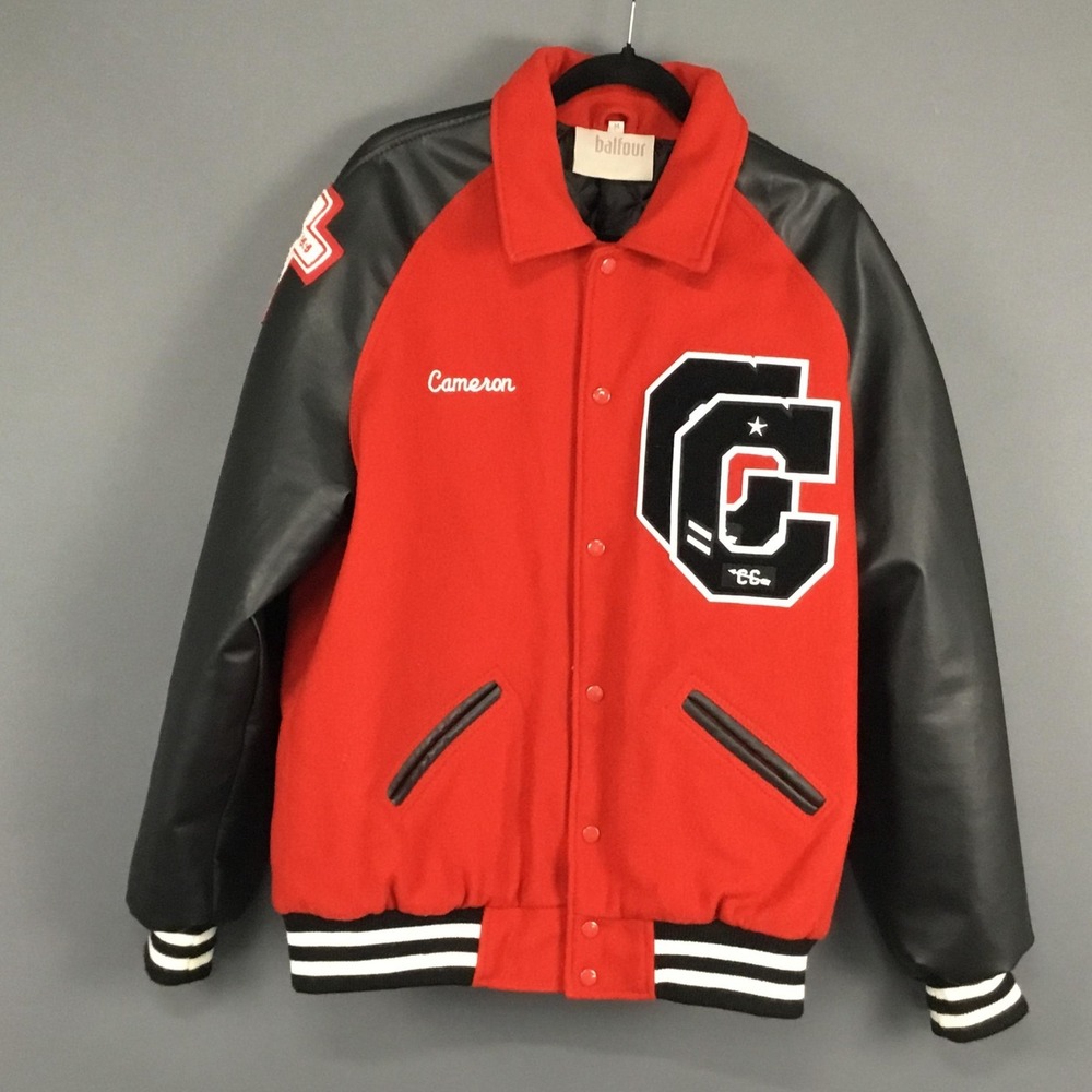 Balfour Varsity Jacket Mens Medium Red Black Wool Leather Snap Button Letterman